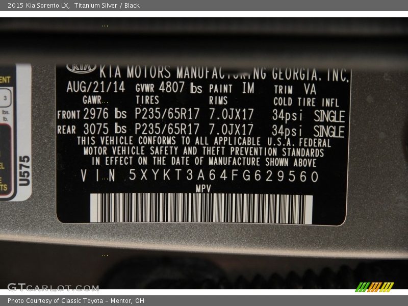 Titanium Silver / Black 2015 Kia Sorento LX