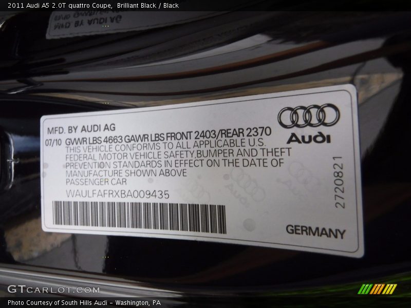 Brilliant Black / Black 2011 Audi A5 2.0T quattro Coupe