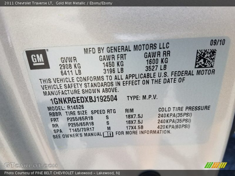 Gold Mist Metallic / Ebony/Ebony 2011 Chevrolet Traverse LT