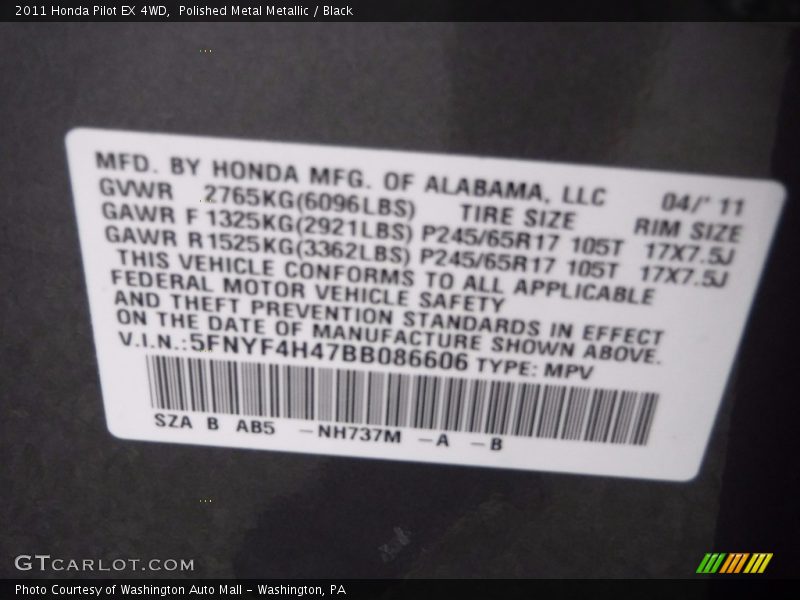 Polished Metal Metallic / Black 2011 Honda Pilot EX 4WD