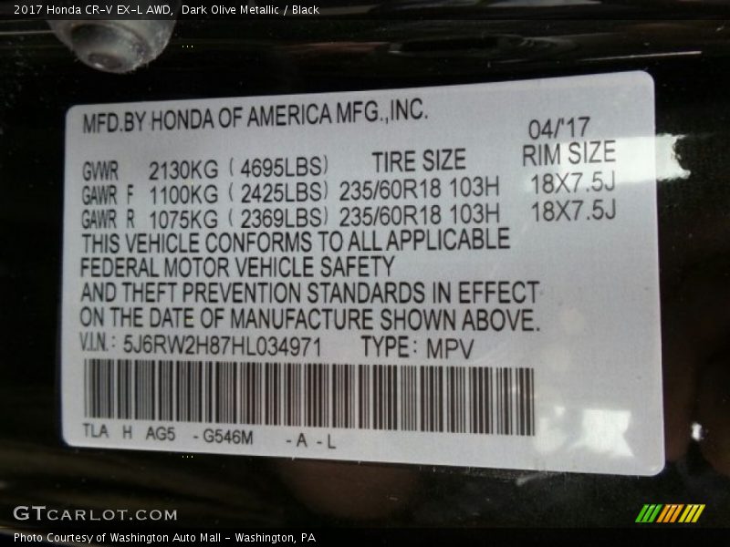 Dark Olive Metallic / Black 2017 Honda CR-V EX-L AWD