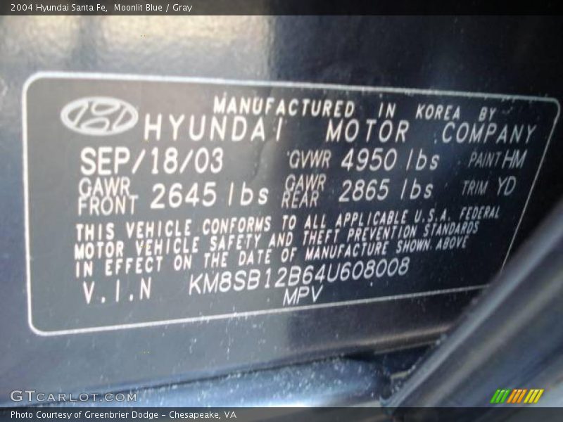 Moonlit Blue / Gray 2004 Hyundai Santa Fe