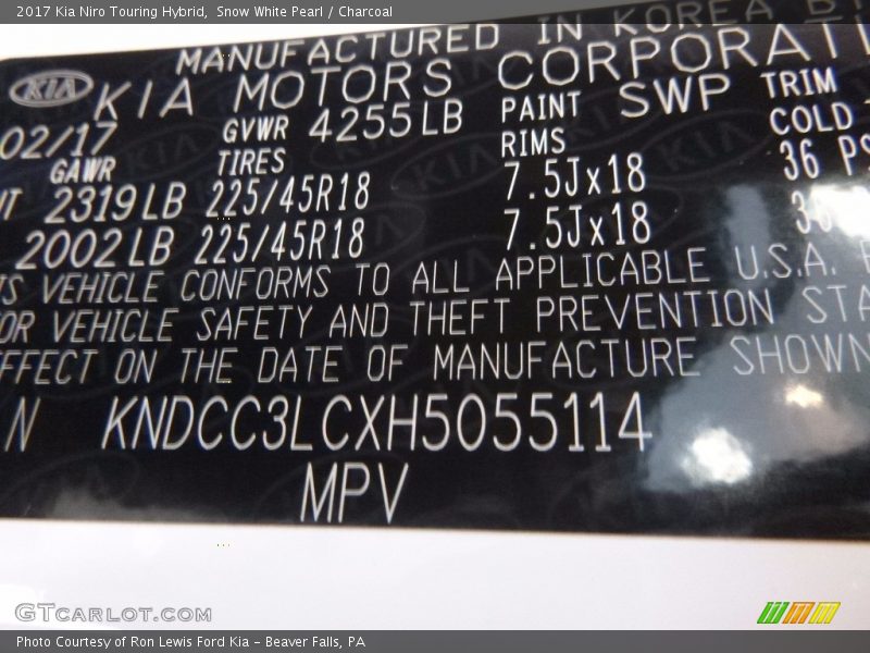 2017 Niro Touring Hybrid Snow White Pearl Color Code SWP