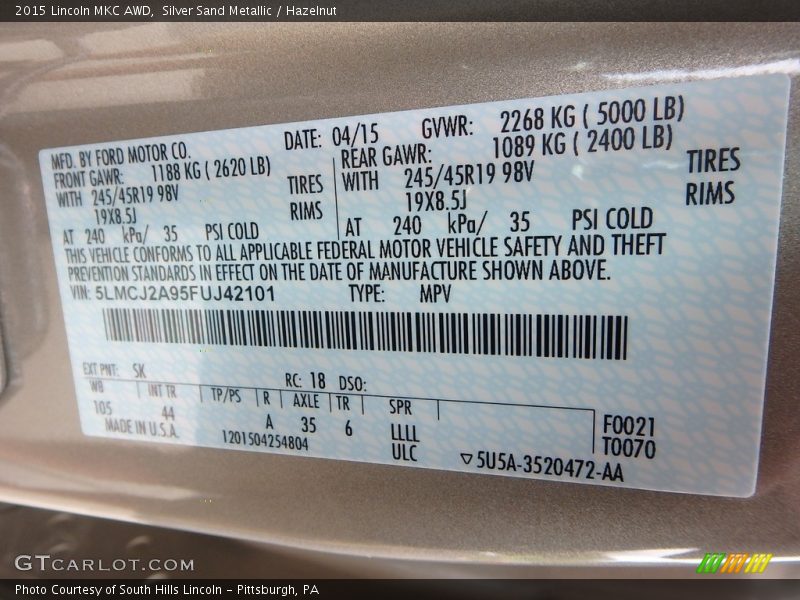 Silver Sand Metallic / Hazelnut 2015 Lincoln MKC AWD