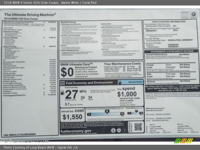  2018 4 Series 430i Gran Coupe Window Sticker