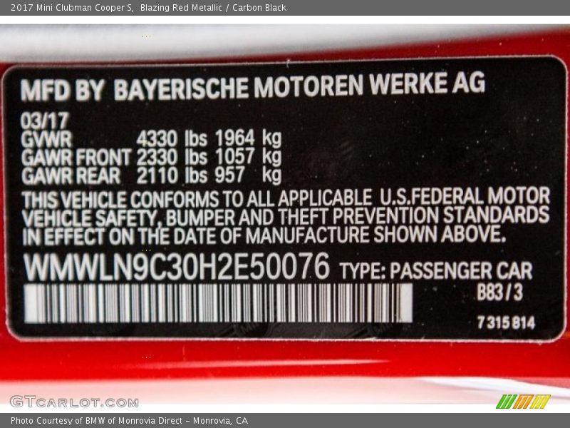 2017 Clubman Cooper S Blazing Red Metallic Color Code B83