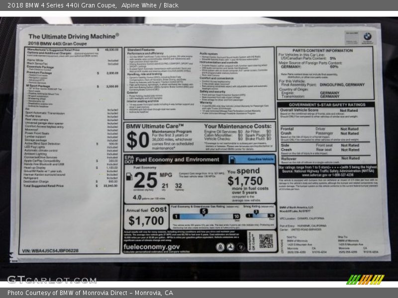  2018 4 Series 440i Gran Coupe Window Sticker