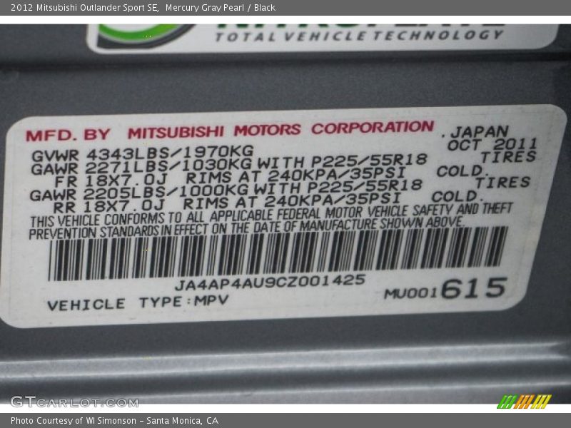 Mercury Gray Pearl / Black 2012 Mitsubishi Outlander Sport SE