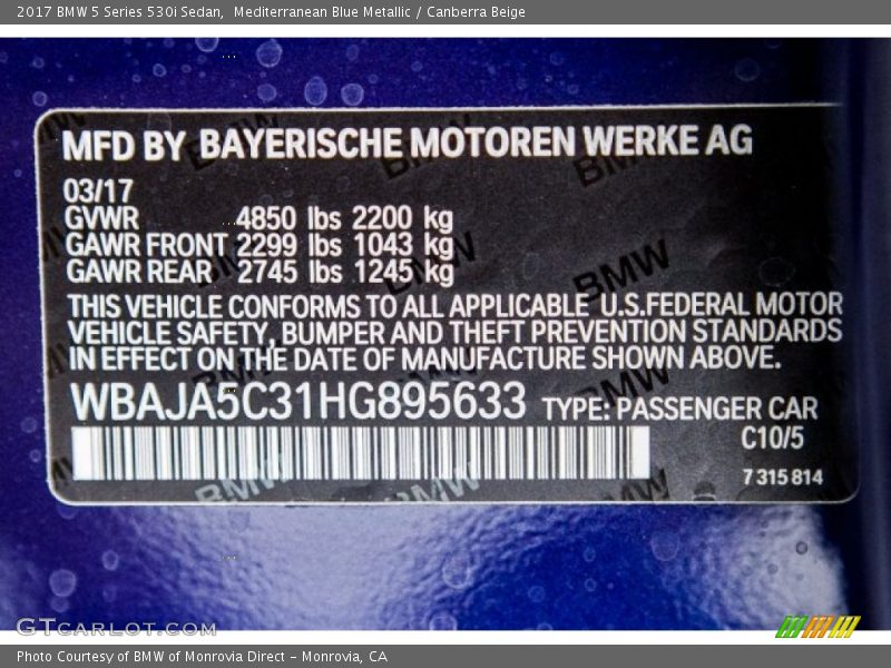 2017 5 Series 530i Sedan Mediterranean Blue Metallic Color Code C10