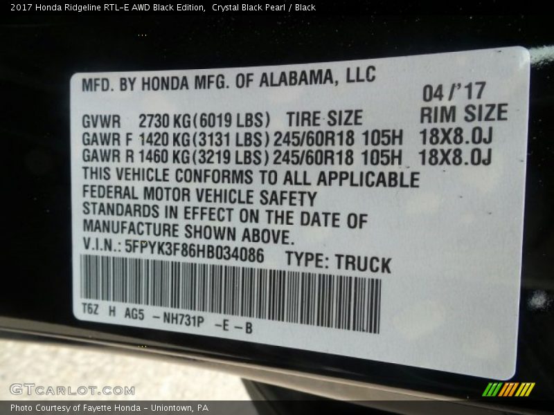Crystal Black Pearl / Black 2017 Honda Ridgeline RTL-E AWD Black Edition