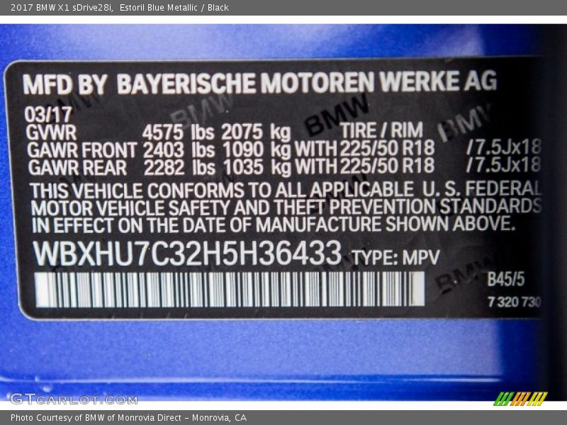 2017 X1 sDrive28i Estoril Blue Metallic Color Code B45