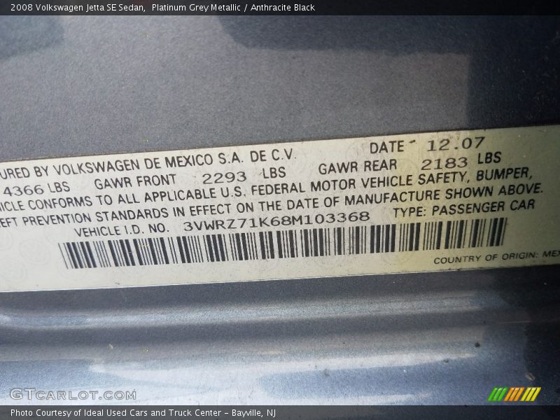 Platinum Grey Metallic / Anthracite Black 2008 Volkswagen Jetta SE Sedan