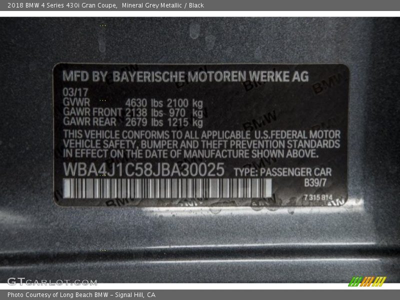 2018 4 Series 430i Gran Coupe Mineral Grey Metallic Color Code B39