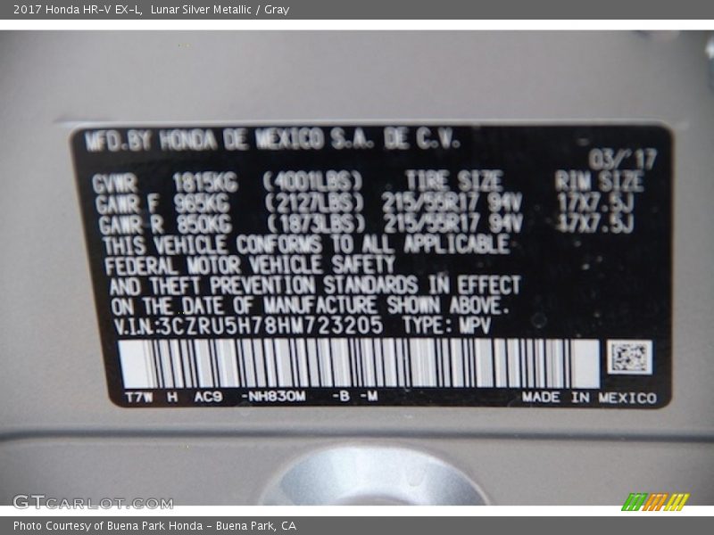 Lunar Silver Metallic / Gray 2017 Honda HR-V EX-L