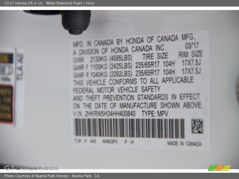 White Diamond Pearl / Ivory 2017 Honda CR-V LX