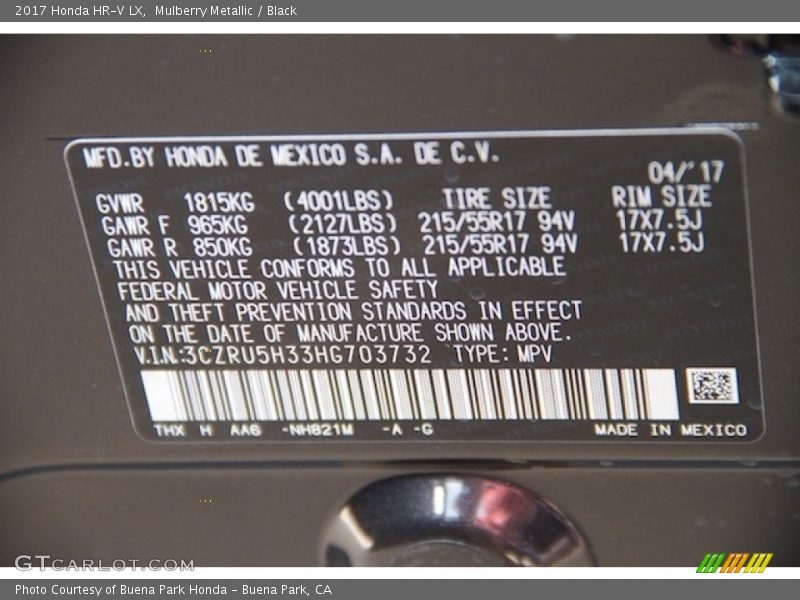 Mulberry Metallic / Black 2017 Honda HR-V LX