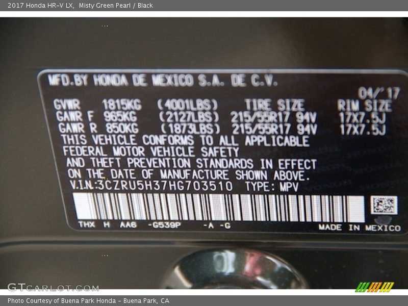 Misty Green Pearl / Black 2017 Honda HR-V LX
