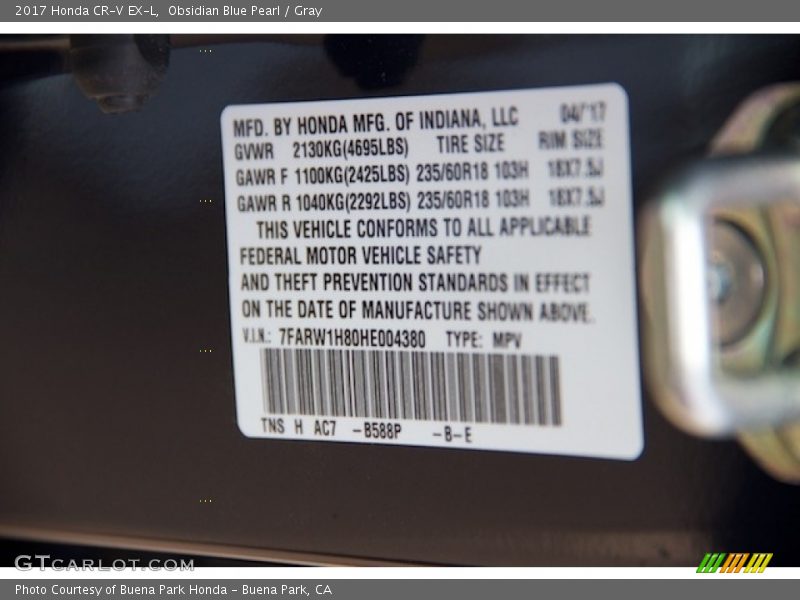 2017 CR-V EX-L Obsidian Blue Pearl Color Code B588P