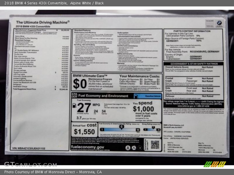 Alpine White / Black 2018 BMW 4 Series 430i Convertible