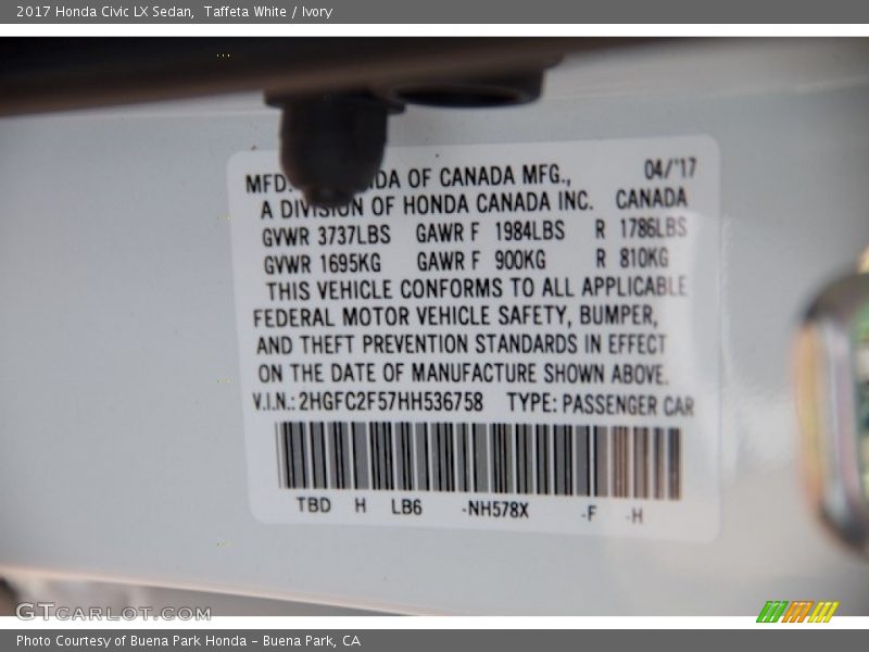 Taffeta White / Ivory 2017 Honda Civic LX Sedan