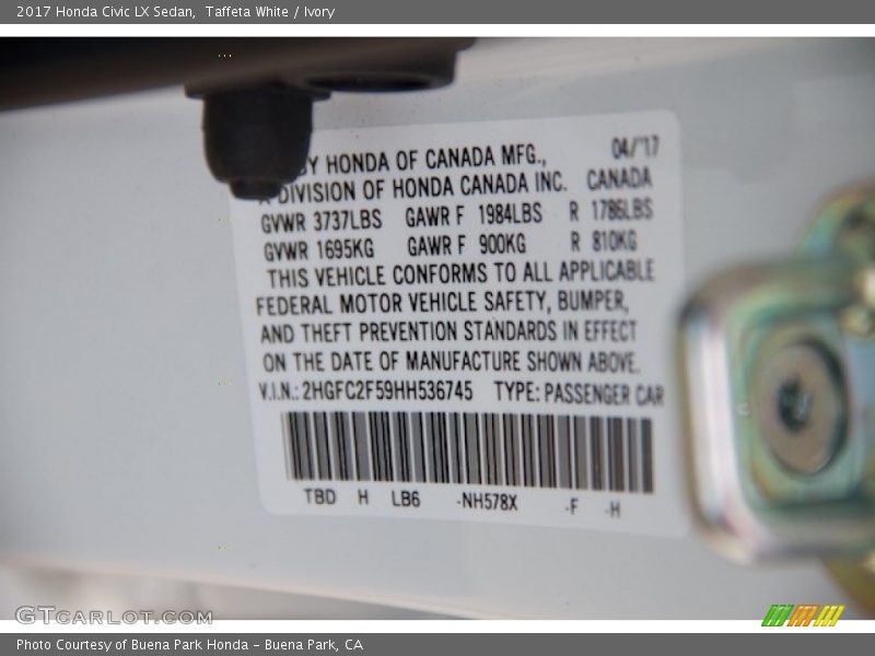 Taffeta White / Ivory 2017 Honda Civic LX Sedan