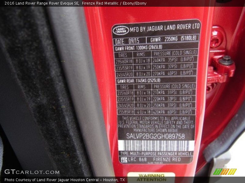 Firenze Red Metalllic / Ebony/Ebony 2016 Land Rover Range Rover Evoque SE