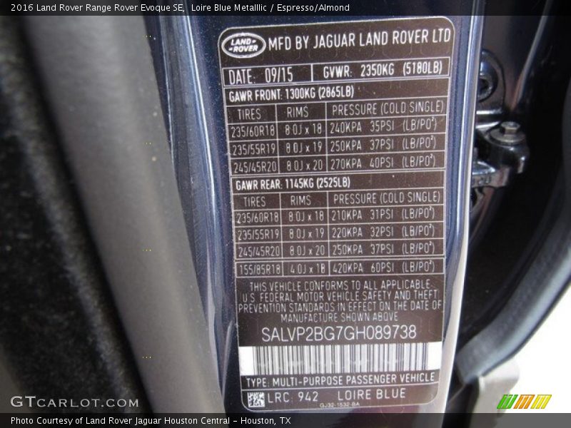 Loire Blue Metalllic / Espresso/Almond 2016 Land Rover Range Rover Evoque SE