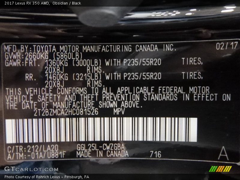 Obsidian / Black 2017 Lexus RX 350 AWD