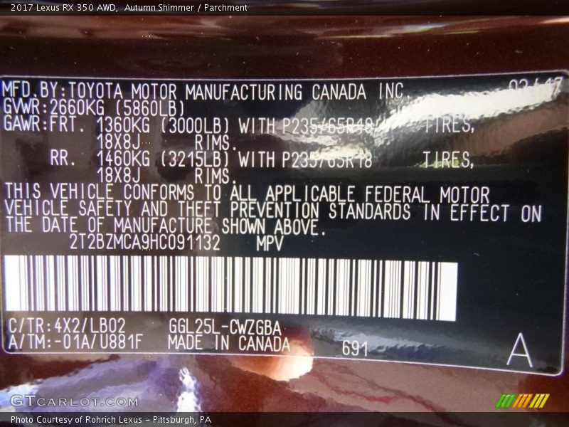 2017 RX 350 AWD Autumn Shimmer Color Code 4X2