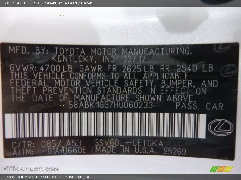 Eminent White Pearl / Flaxen 2017 Lexus ES 350