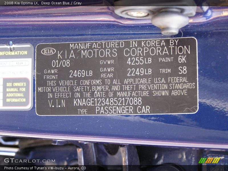 Deep Ocean Blue / Gray 2008 Kia Optima LX