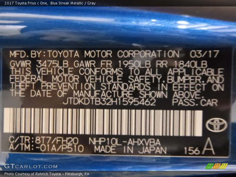 2017 Prius c One Blue Streak Metallic Color Code 8T7