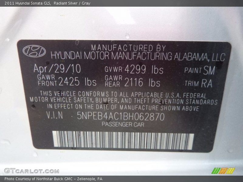 Radiant Silver / Gray 2011 Hyundai Sonata GLS