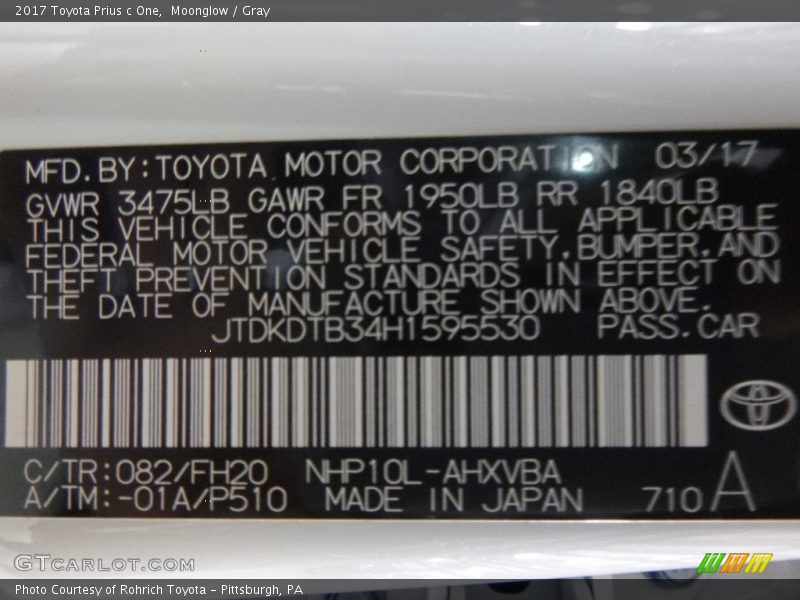 2017 Prius c One Moonglow Color Code 082