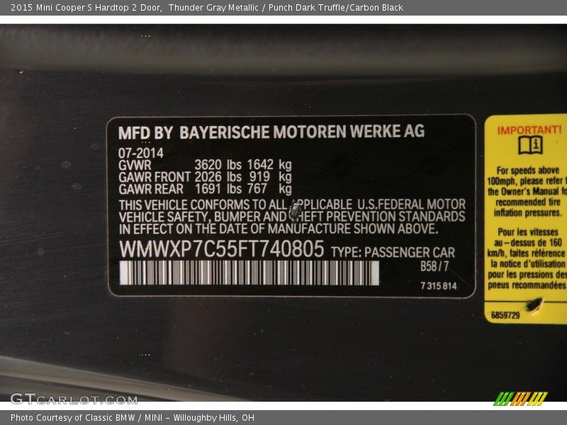 Thunder Gray Metallic / Punch Dark Truffle/Carbon Black 2015 Mini Cooper S Hardtop 2 Door