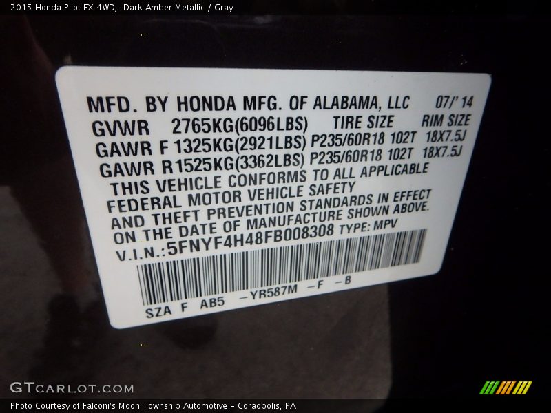 Dark Amber Metallic / Gray 2015 Honda Pilot EX 4WD