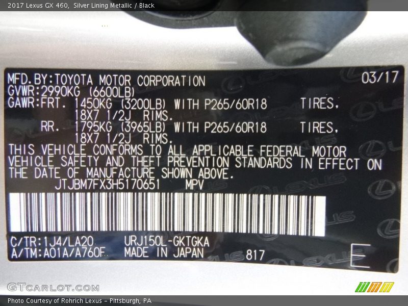 Silver Lining Metallic / Black 2017 Lexus GX 460