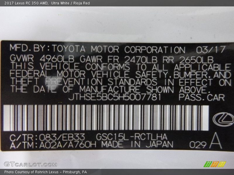 2017 RC 350 AWD Ultra White Color Code 083