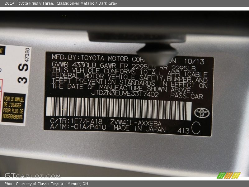 Classic Silver Metallic / Dark Gray 2014 Toyota Prius v Three