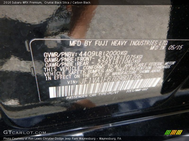 Crystal Black Silica / Carbon Black 2016 Subaru WRX Premium