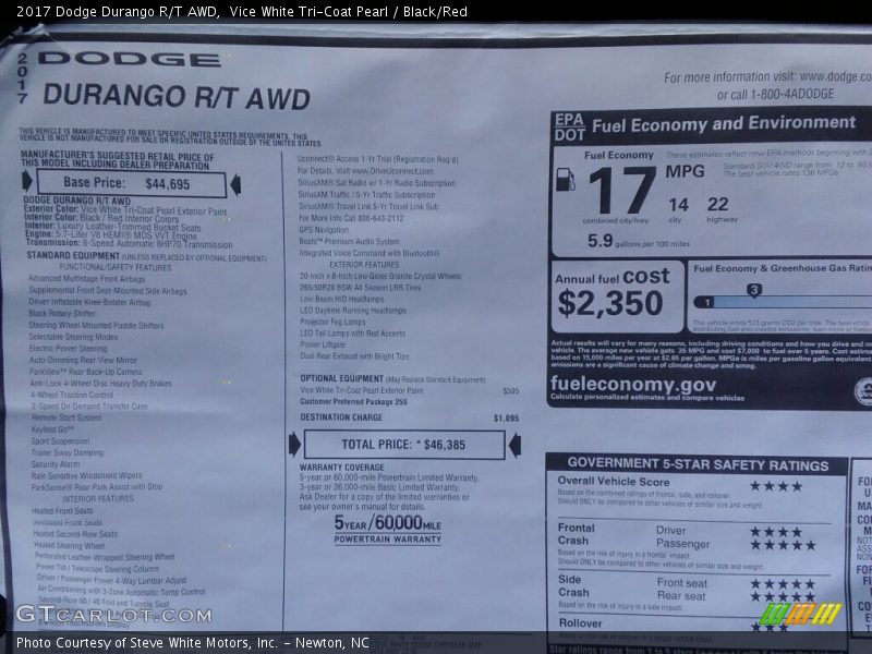 Vice White Tri-Coat Pearl / Black/Red 2017 Dodge Durango R/T AWD