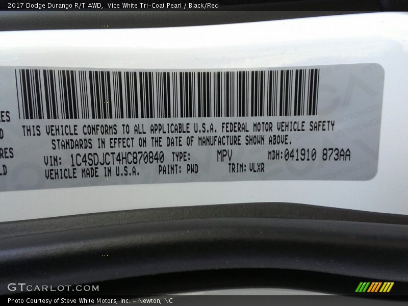 Vice White Tri-Coat Pearl / Black/Red 2017 Dodge Durango R/T AWD