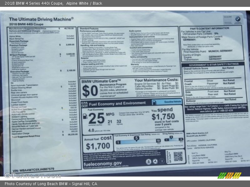  2018 4 Series 440i Coupe Window Sticker