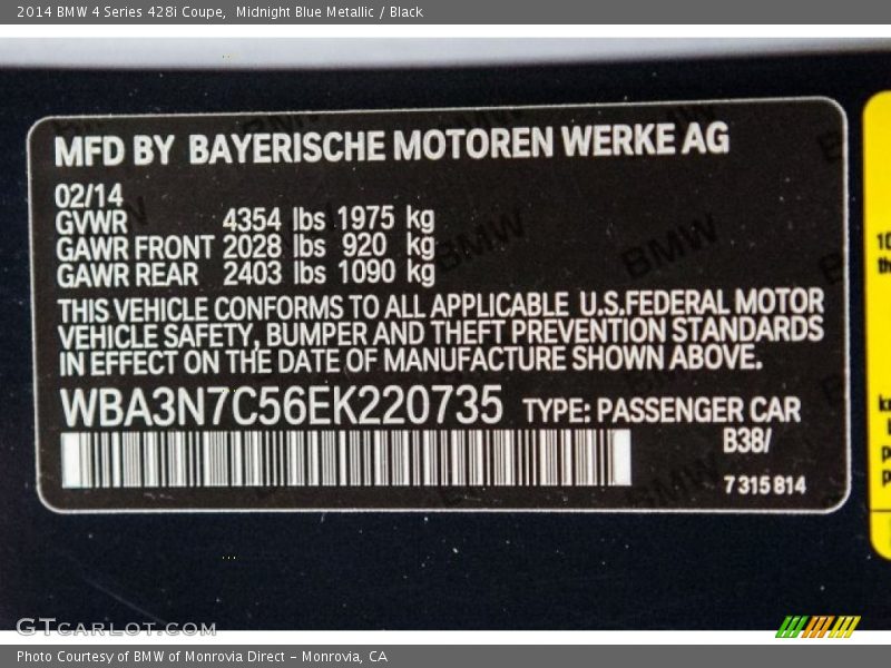 2014 4 Series 428i Coupe Midnight Blue Metallic Color Code B38