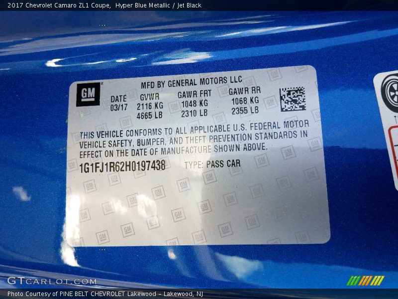 Hyper Blue Metallic / Jet Black 2017 Chevrolet Camaro ZL1 Coupe
