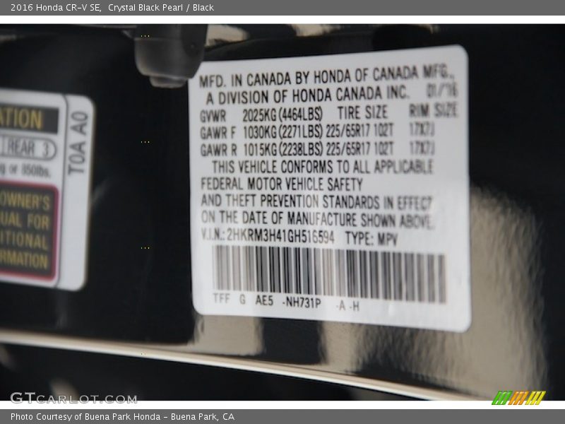 Crystal Black Pearl / Black 2016 Honda CR-V SE