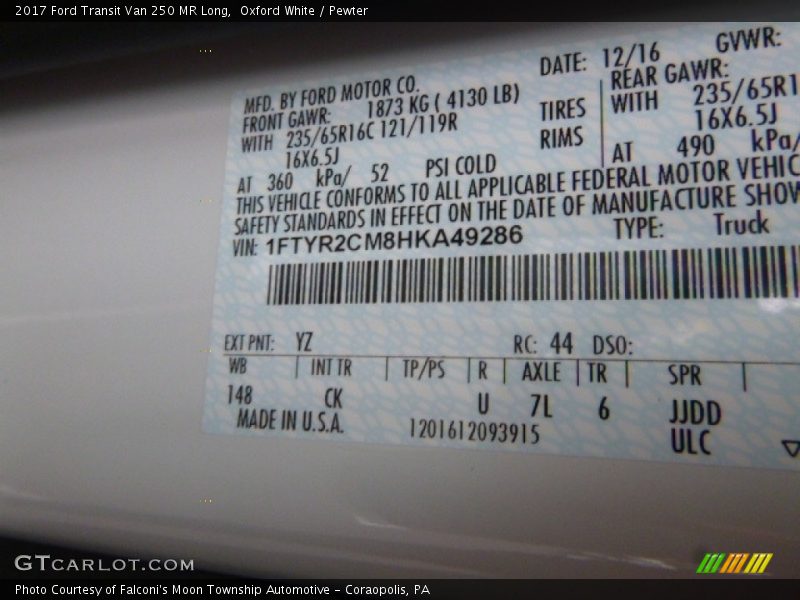 Oxford White / Pewter 2017 Ford Transit Van 250 MR Long
