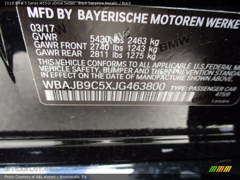 2018 5 Series M550i xDrive Sedan Black Sapphire Metallic Color Code 475