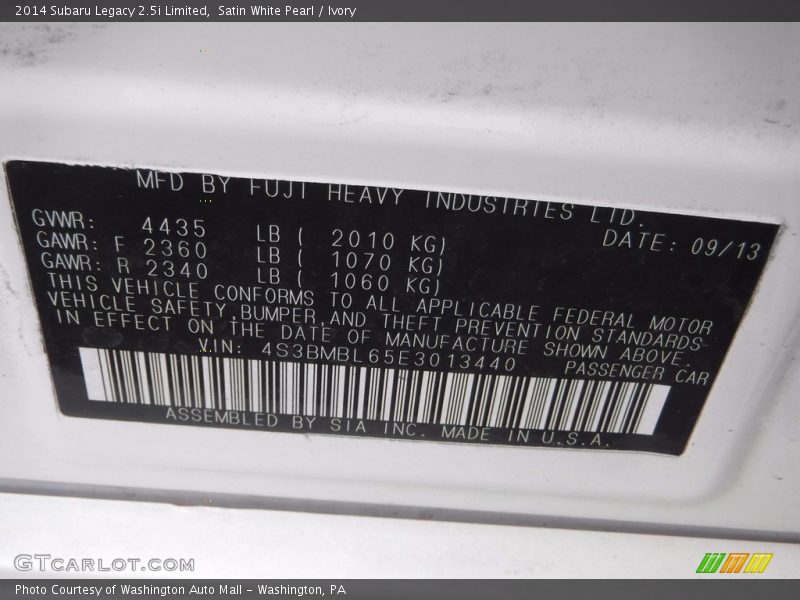 Satin White Pearl / Ivory 2014 Subaru Legacy 2.5i Limited