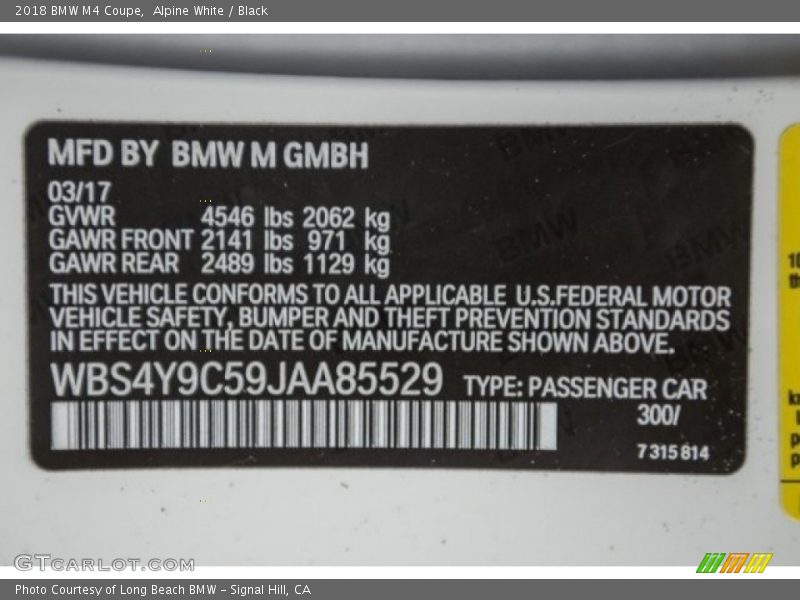 2018 M4 Coupe Alpine White Color Code 300